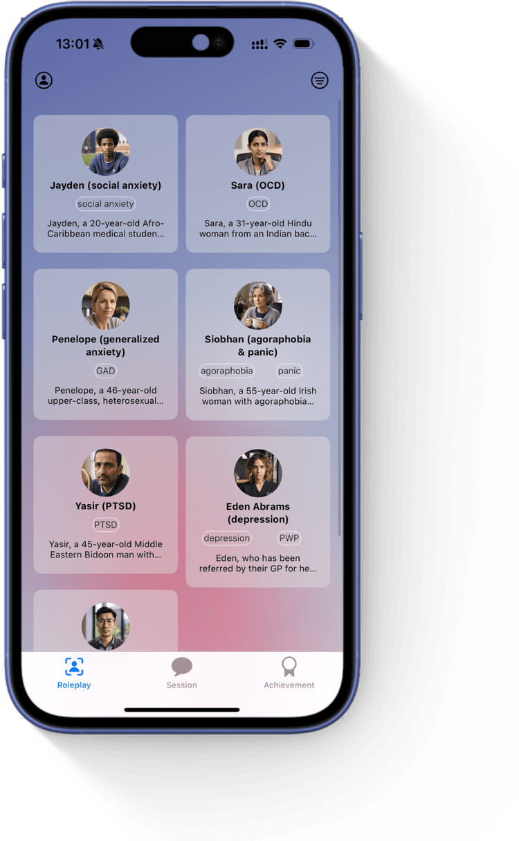 CBT Trainer interface showing virtual patient conversation