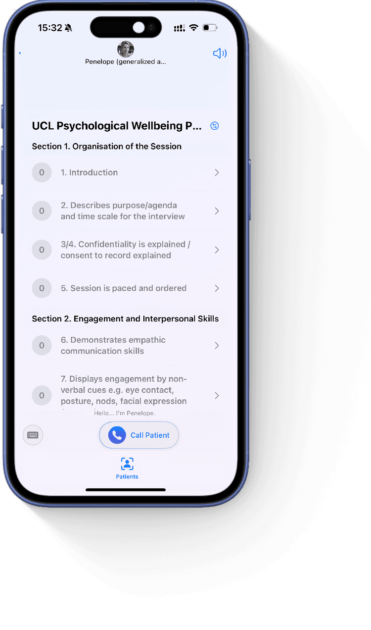CBT Trainer interface showing virtual patient conversation